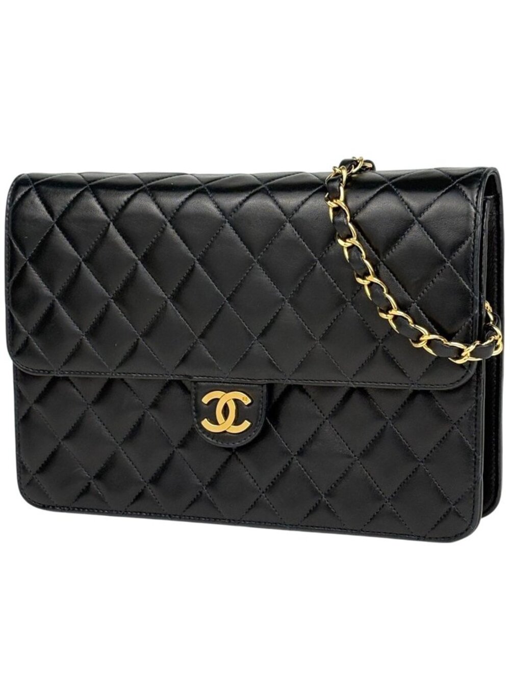 Chanel Quilted Single Flap Chain Shoulder Bag CC Logo Push Lock Leather Black